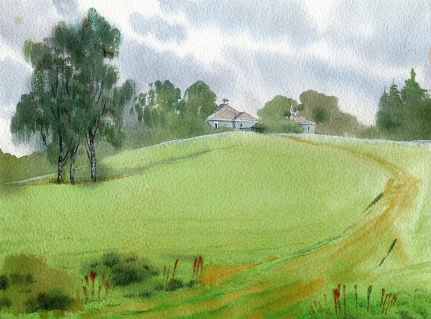 Photo paysage aquarelle avec nuages colline verte