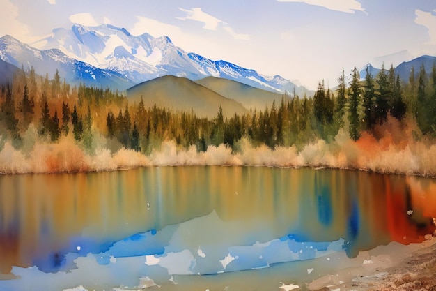 Paysage d'aquarelle pittoresque des forêts et des lacs des montagnes alpines d'automne Generative AI