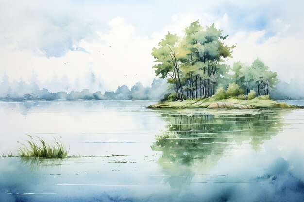 Paysage à l'aquarelle serein représentant un paysage tranquille