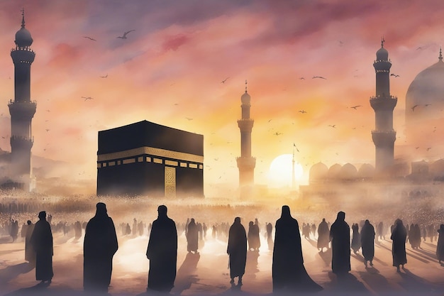 paysage à l'aquarelle vue de Kaaba avec le lever du soleil