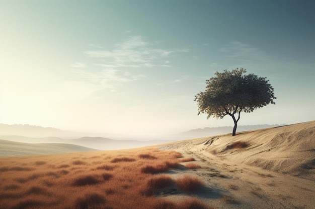 Un paysage avec un arbre au milieu du désert.
