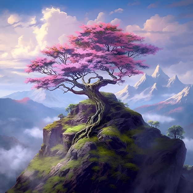 Un paysage avec un arbre au sommet d'une montagne