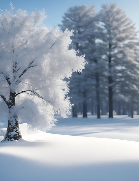 Paysage d'arbre enneigé défocalisé en rendu 3D