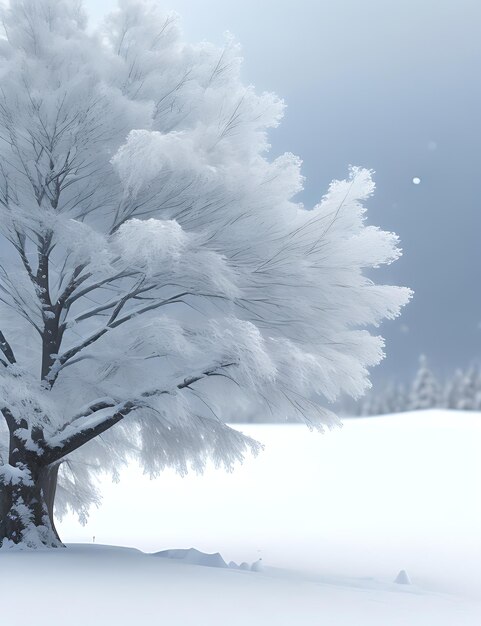 Paysage d'arbre enneigé défocalisé en rendu 3D