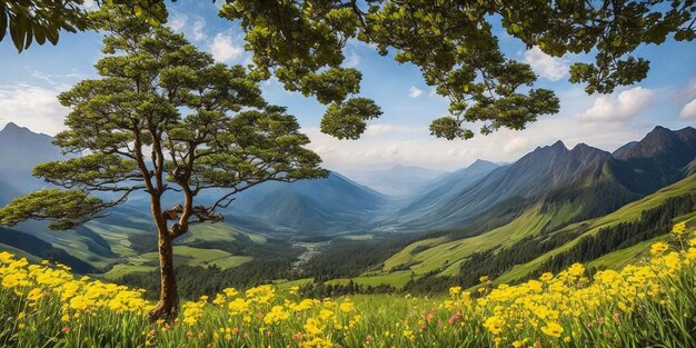 Un paysage avec un arbre et des montagnes en arrière-plan