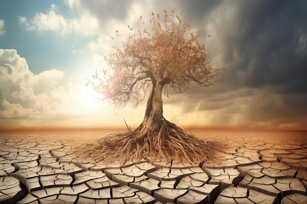 Paysage d'arbre mort solitaire sous terre sèche fissurée sans fond d'eau Concept de réchauffement climatique