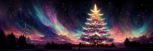 Paysage d'arbre de Noël, joyeux Noël. Illustration numérique.