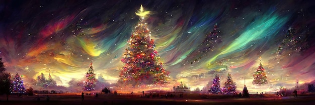 Paysage d'arbre de Noël, joyeux Noël. Illustration numérique.