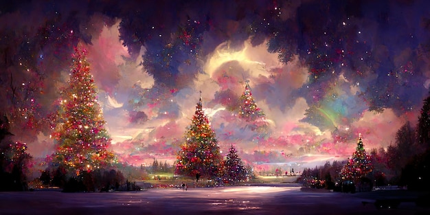 Paysage d'arbre de Noël, joyeux Noël. Illustration numérique.