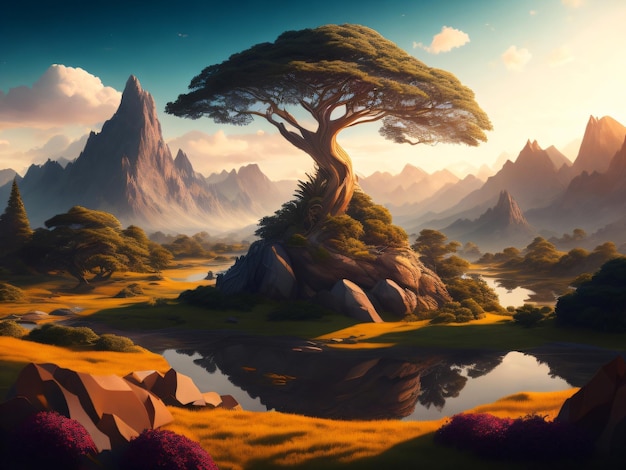 Un paysage avec un arbre sur le rocher