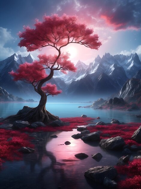 paysage arbre rouge lune rouge et lac