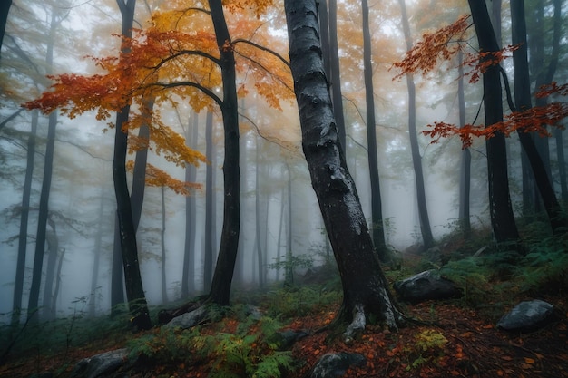 Paysage d'arbres aux feuilles colorées dans une forêt couverte de brouillard