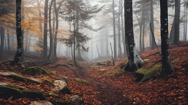 Photo paysage d'arbres aux feuilles colorées dans une forêt couverte de brouillard