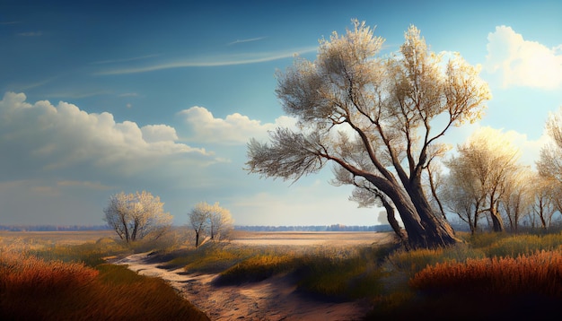 Un paysage avec des arbres et un ciel bleu avec le soleil qui brille dessus