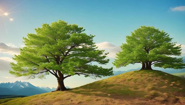 Un paysage avec des arbres sur une colline