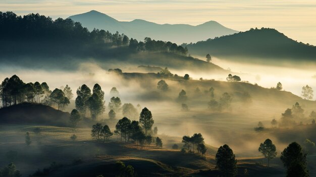 Paysage d'arbres sur des collines à faible