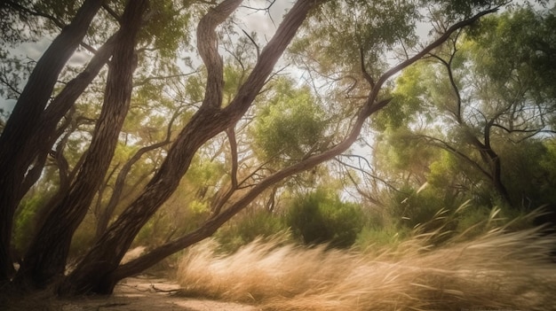 Un paysage avec des arbres et de l'herbe au vent