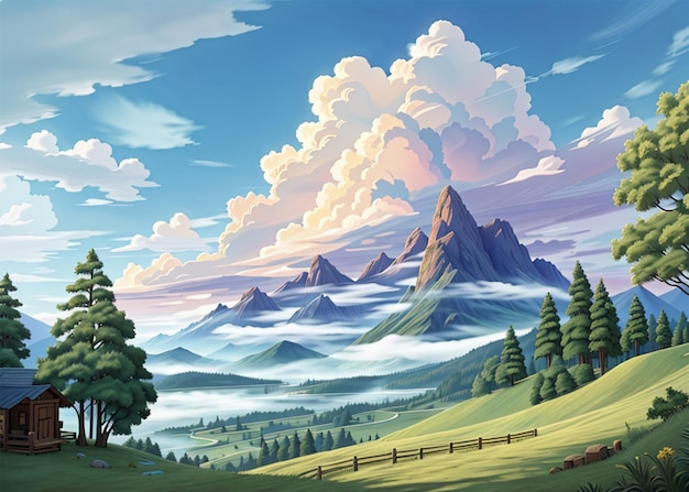 Photo un paysage avec des arbres imposants des montagnes majestueuses et un ciel captivant