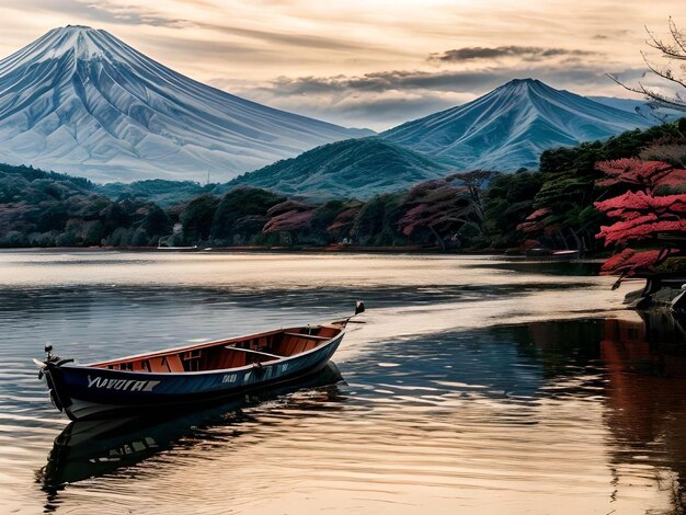 Photo paysage artistique de bateau sur le lac avec des fleurs de cerisier colorées et des montagnes enneigées pendant le soleil