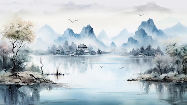 Paysage asiatique magnifique fond de papier peint en aquarelle de style artistique