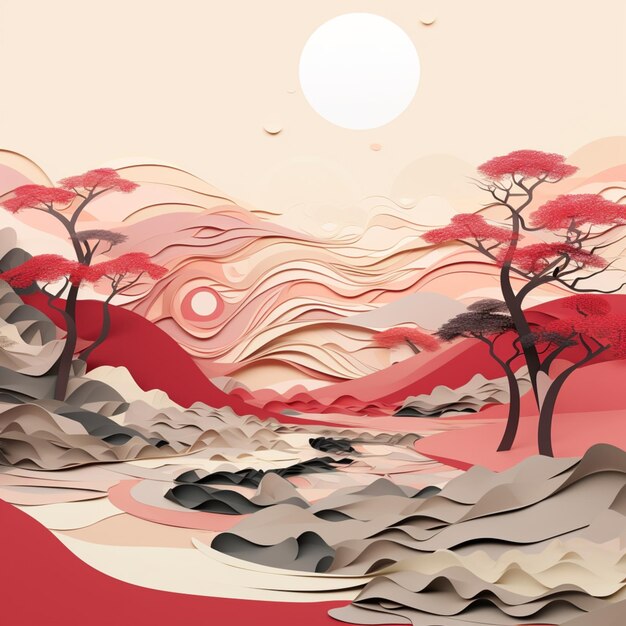 Paysage asiatique avec ton rouge