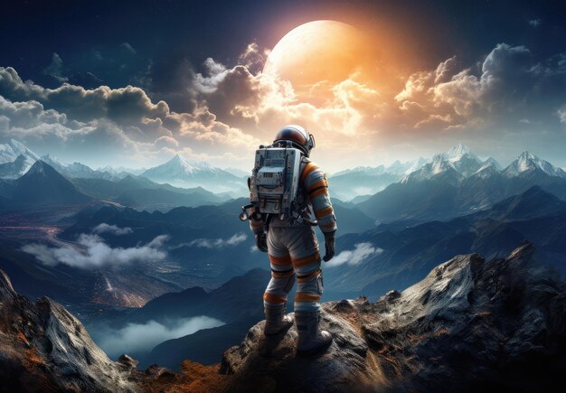 Paysage avec un astronaute sur la surface d'une planète inconnue fiction et fantasy concept IA