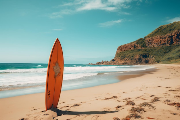 Paysage au bord de la mer avec une planche de surf sur la plage sur le fond de la mer et du ciel