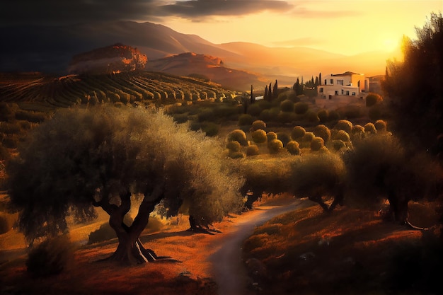 Paysage au coucher du soleil dans une ferme d'oliviers