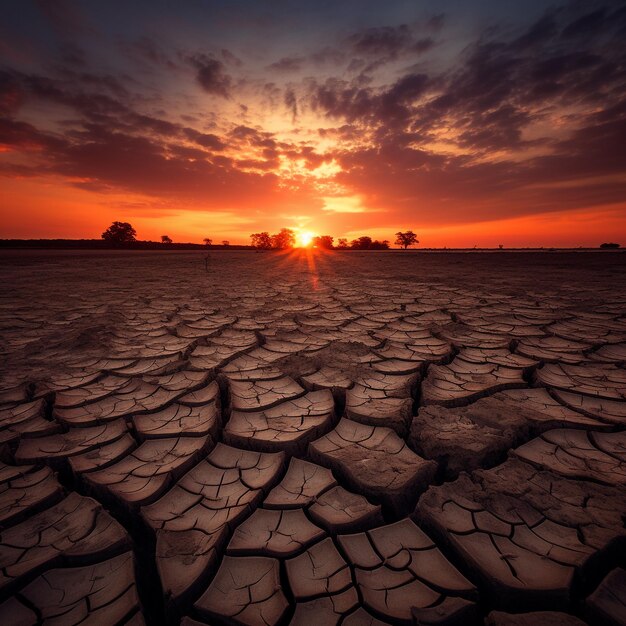 paysage au coucher du soleil de la terre fissurée