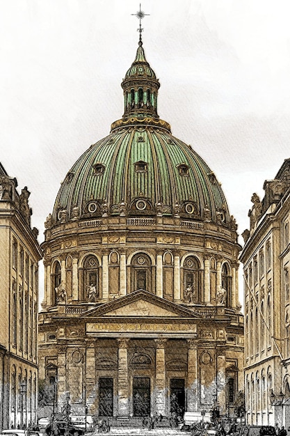 Paysage au crayon de couleur de Copenhague, au Danemark