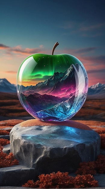 Le paysage de l'aurore à l'intérieur d'une pomme en cristal