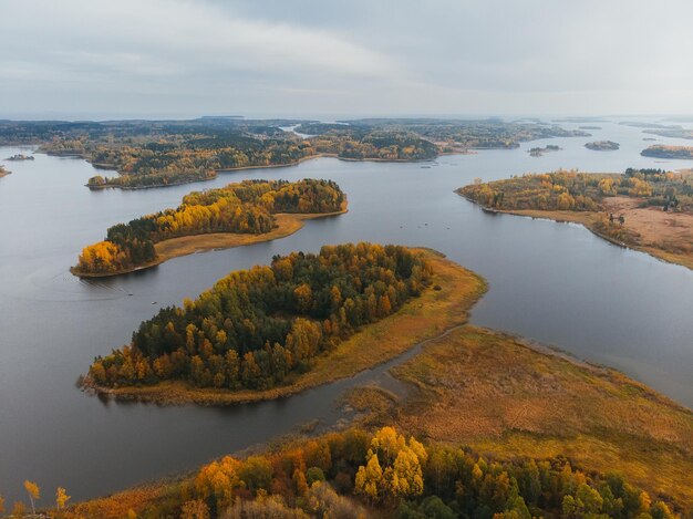 Paysage automnal aérien de l'île avec des arbres verts et jaunes parmi le lac Ciel nuageux Carélie