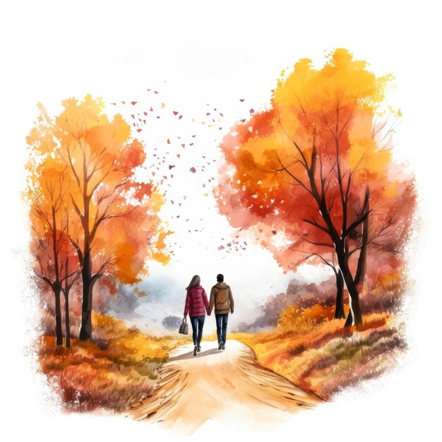 Photo paysage d'automne à l'aquarelle avec un couple qui se promène