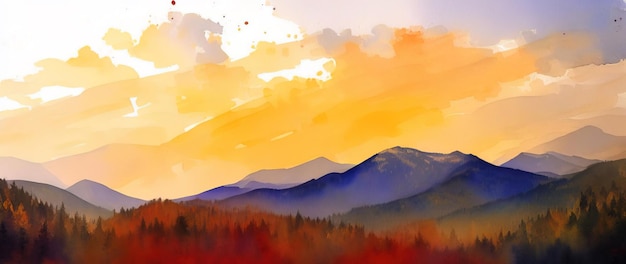 Paysage d'automne en aquarelle de montagne avec des sommets enneigés Panorama Generative AI