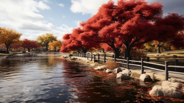 Photo paysage d'automne avec des arbres colorés dans le rendu 3d du parc