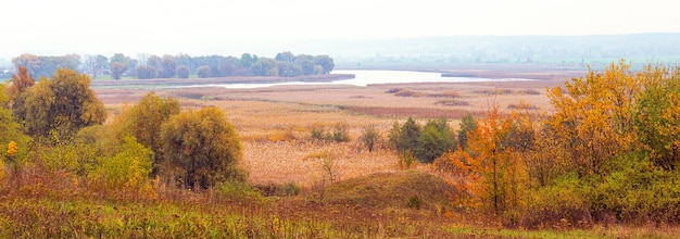 Paysage d'automne avec des arbres colorés sur une vaste plaine et une rivière au loin, panorama