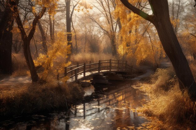 paysage d'automne arbres dorés ruisseau et pont en bois génératif IA