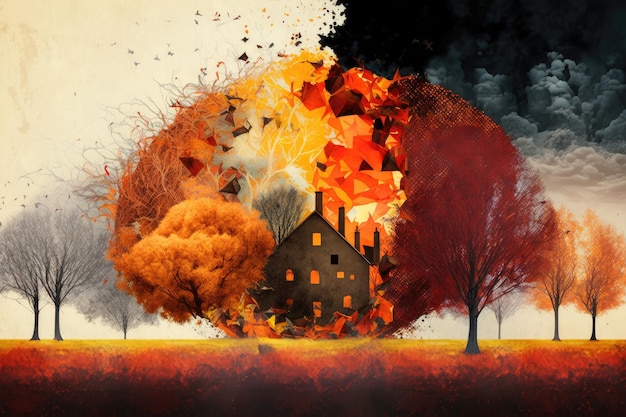 Paysage d'automne avec des arbres en feu et un collage d'art moderne créé avec une IA générative