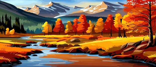 Paysage d'automne avec des arbres montagnes champs feuilles paysage rural fond d'automne illustration vectorielle bannière horizontale paysage d'automne montagnes et érables tombés avec feuillage jaune