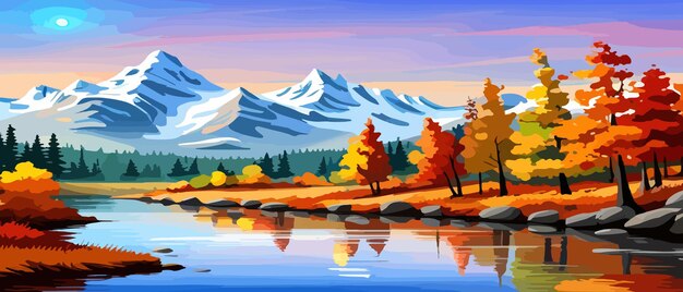 Paysage d'automne avec des arbres montagnes champs feuilles paysage rural fond d'automne illustration vectorielle bannière horizontale paysage d'automne montagnes et érables tombés avec feuillage jaune