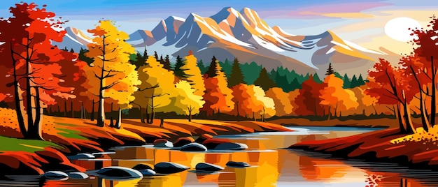 Paysage d'automne avec des arbres montagnes champs feuilles paysage rural fond d'automne illustration vectorielle bannière horizontale paysage d'automne montagnes et érables tombés avec feuillage jaune