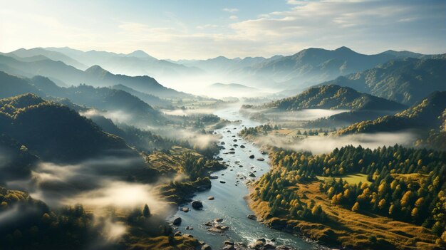 Paysage d'automne avec des arbres de montagnes et vue sur le dessus du brouillard