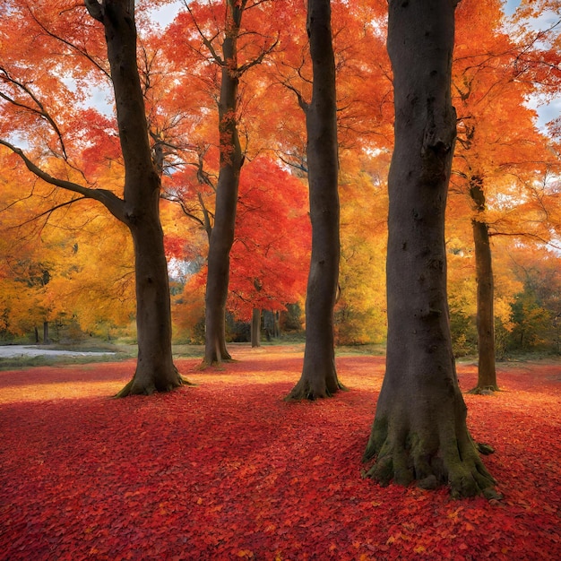 un paysage d'automne avec des arbres présentant un affichage brillant de feuilles rouge orange et jaune