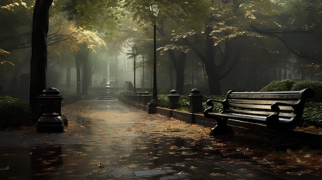 paysage d'automne avec arbres rouges et banc