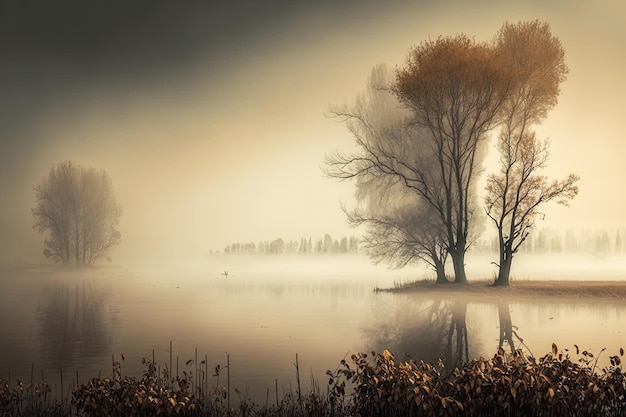 Paysage d'automne brumeux avec des arbres et de l'eau dans la brume au-dessus de la rivière
