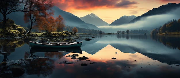 Photo paysage d'automne brumeux avec un bateau sur un lac et des montagnes