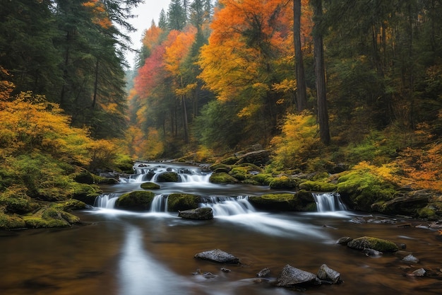 paysage d'automne avec une cascade et des arbres dans la forêt