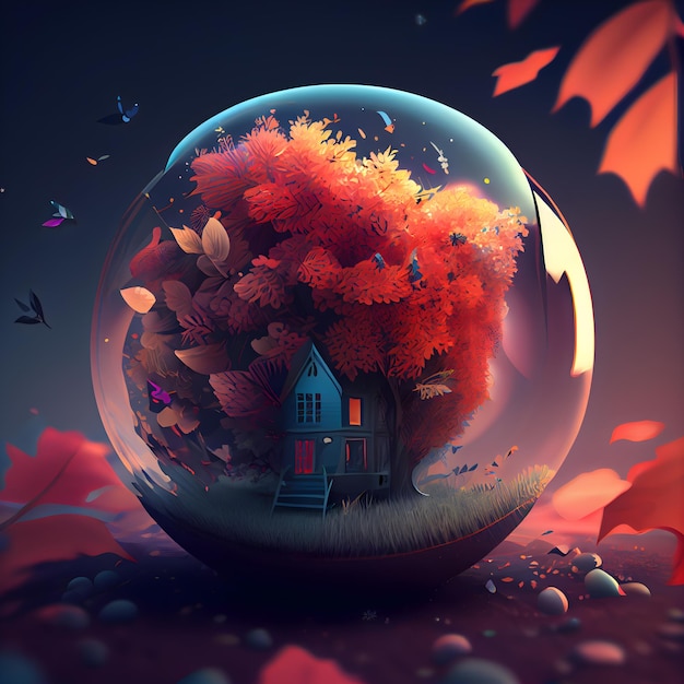 Paysage d'automne dans une boule de cristal 3D illustration EPS10