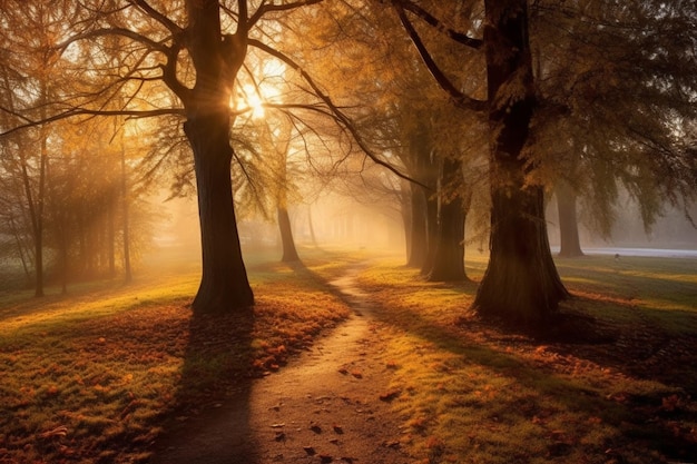 Un paysage d'automne ensoleillé dans un parc avec les rayons de lumière du soleil