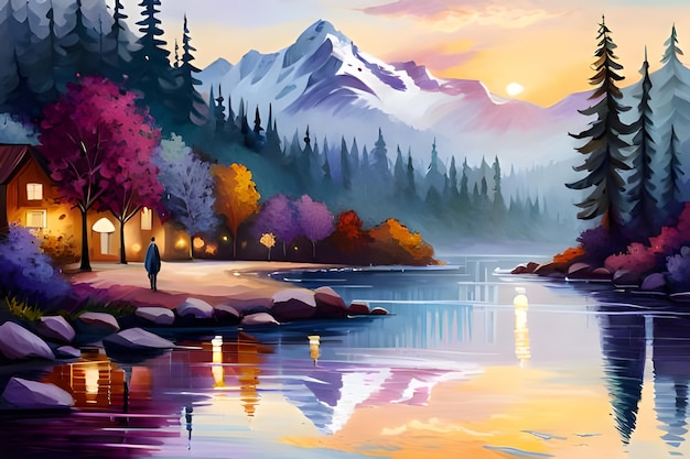 Paysage d'automne avec forêt de lac et montagnes illustration vectorielle illustration abstraite